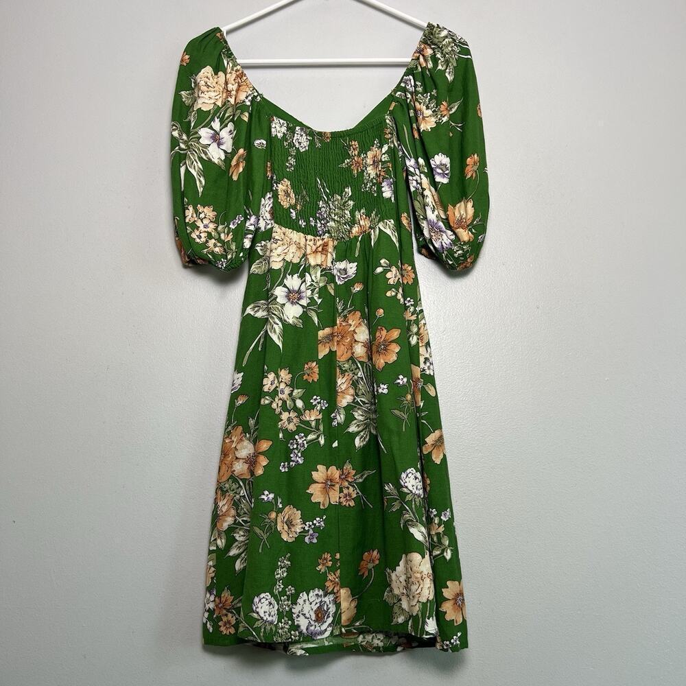 NWT Sim & Sam Dress Linen Blend Floral Sz S Ruffled Babydoll Vacation Green Boho - Picture 13 of 15